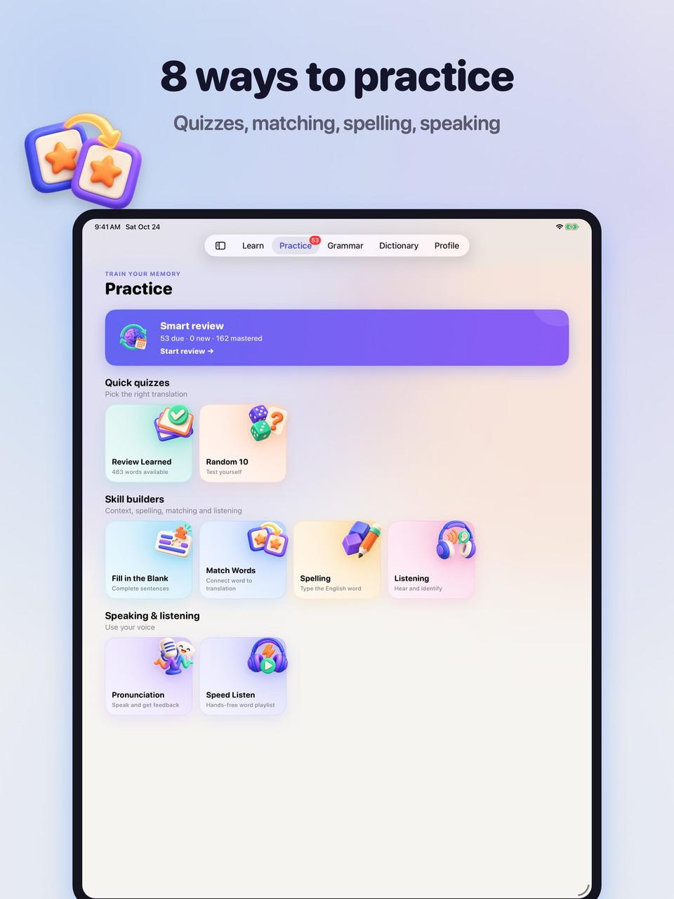 iPad: Practice screen with smart review, quick quizzes and skill builders