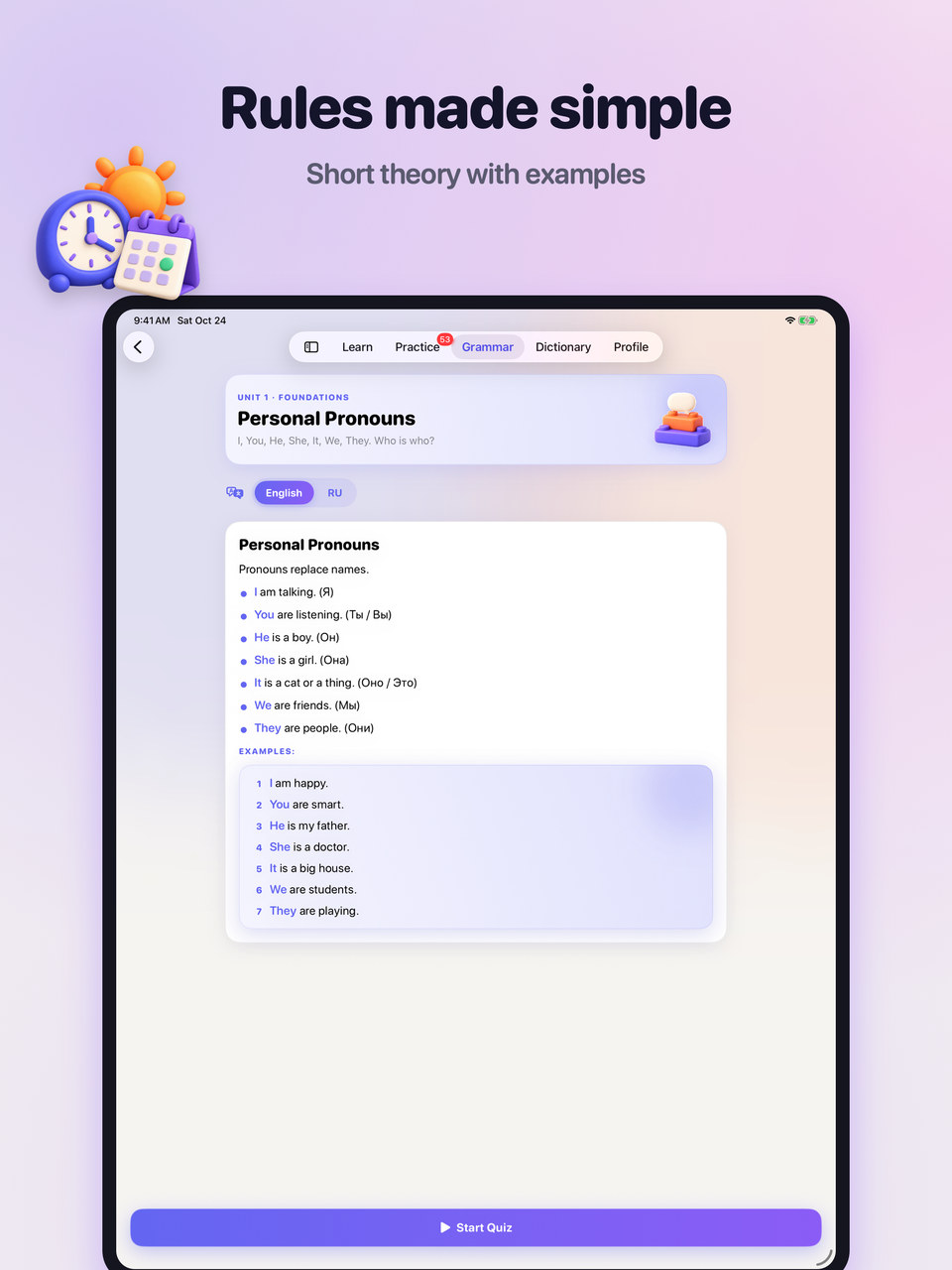 iPad: Personal pronouns lesson with short rules and examples