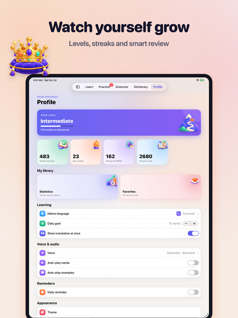 iPad: Profile with the Intermediate level, 483 words learned and a 23-day streak