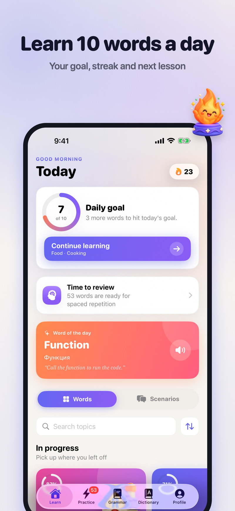 Today screen with the daily goal at 7 of 10 words, a review reminder and the word of the day