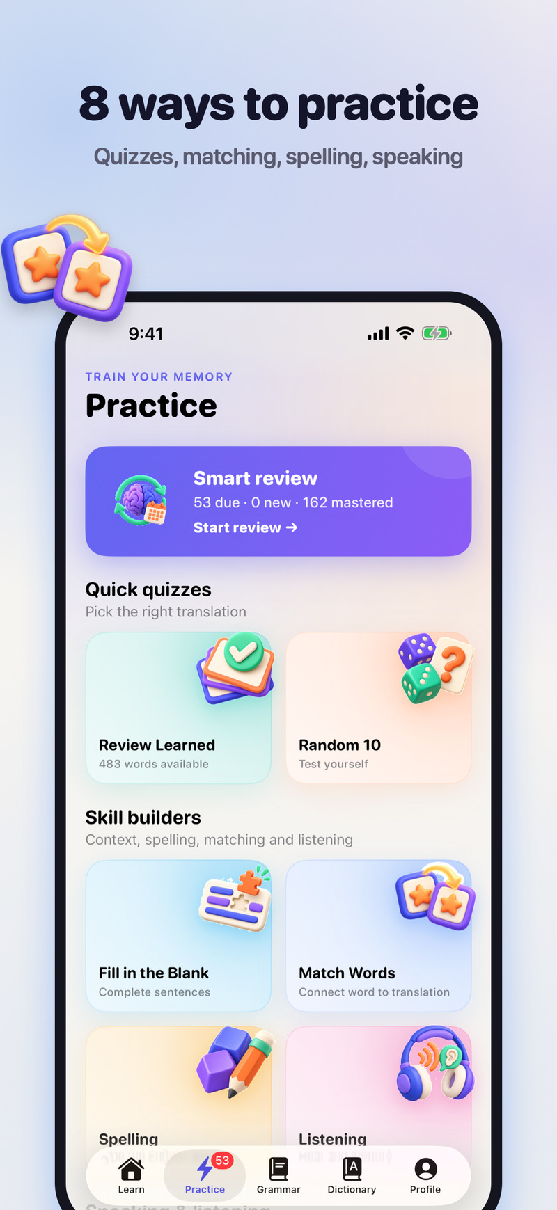 Practice screen with smart review, quick quizzes and skill builders