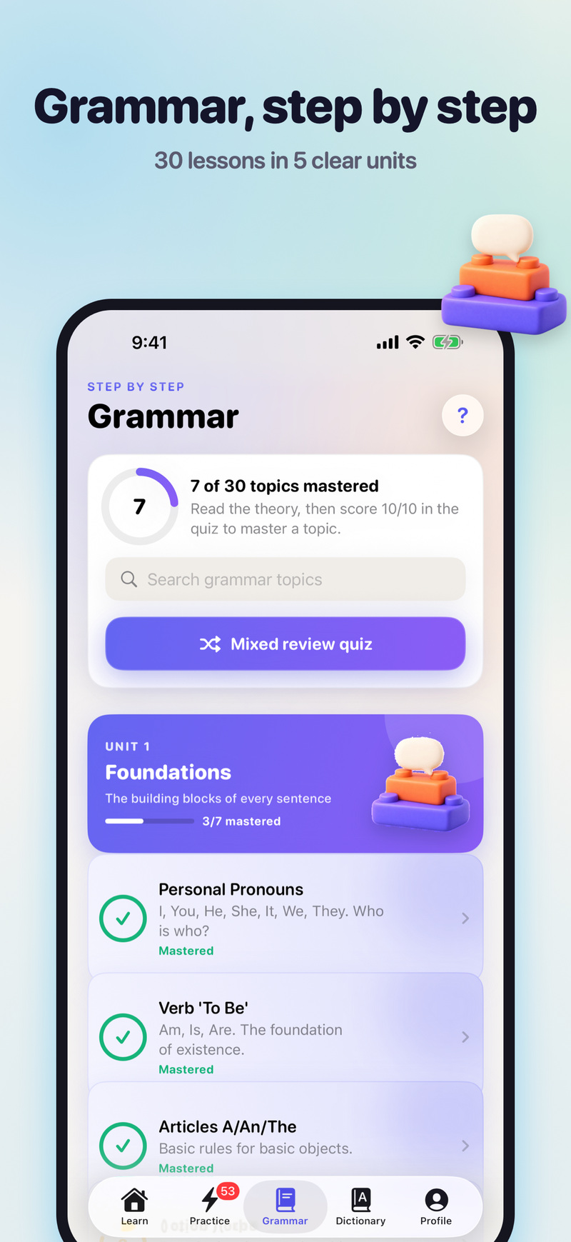 Grammar screen with 7 of 30 topics mastered and the Foundations unit