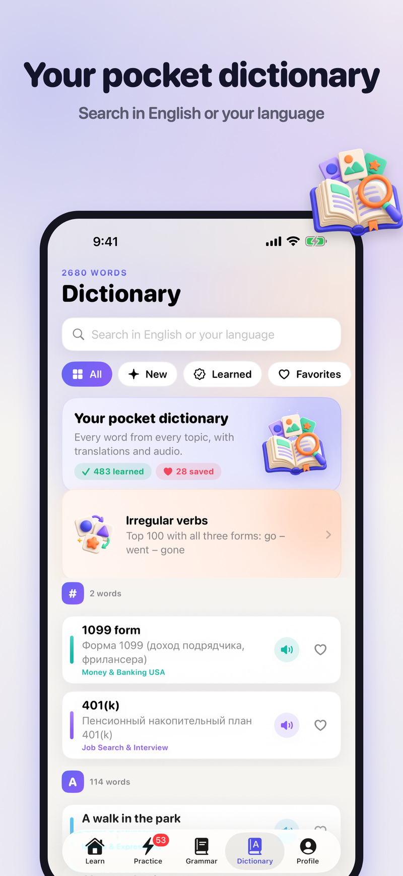 Dictionary with search, filters and saved words with translations