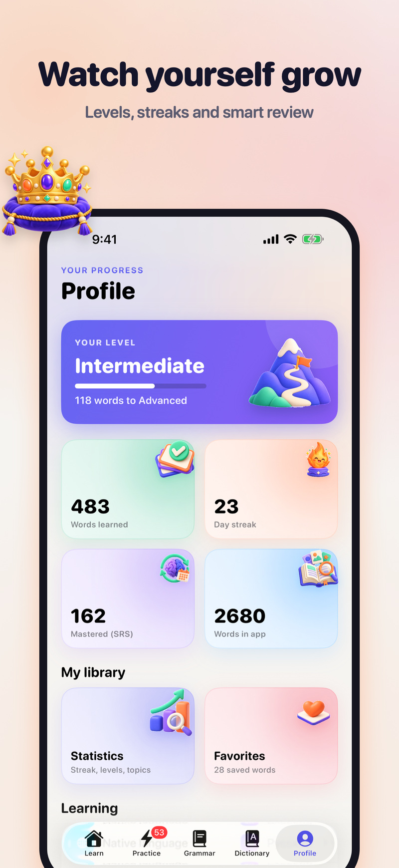 Profile with the Intermediate level, 483 words learned and a 23-day streak