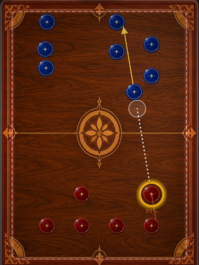 Classic board: red and blue pieces on walnut with an inlaid compass rose and the aim guide