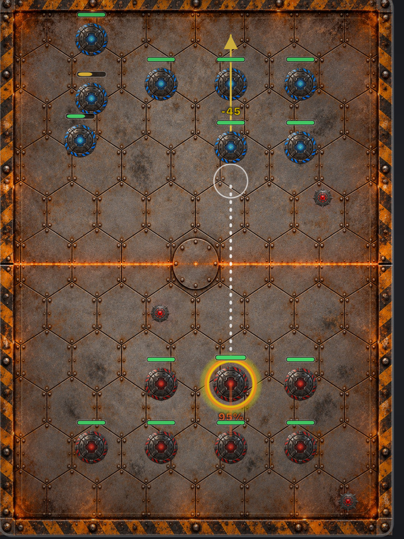 Destruction arena: armored pieces with health bars on steel hex plates framed by hazard stripes