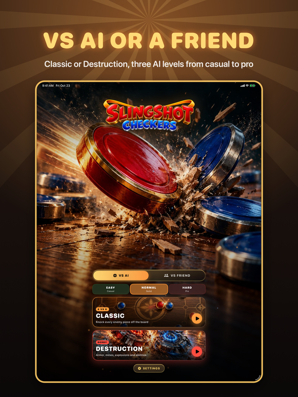 iPad: main menu with VS AI and VS Friend, three AI levels, and the Classic and Destruction modes