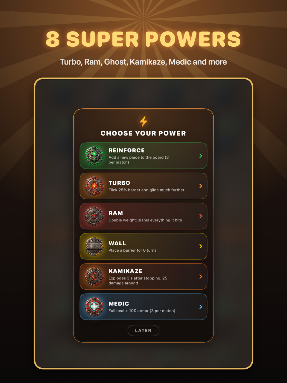 iPad: choose your power card with Reinforce, Turbo, Ram, Wall, Kamikaze and Medic