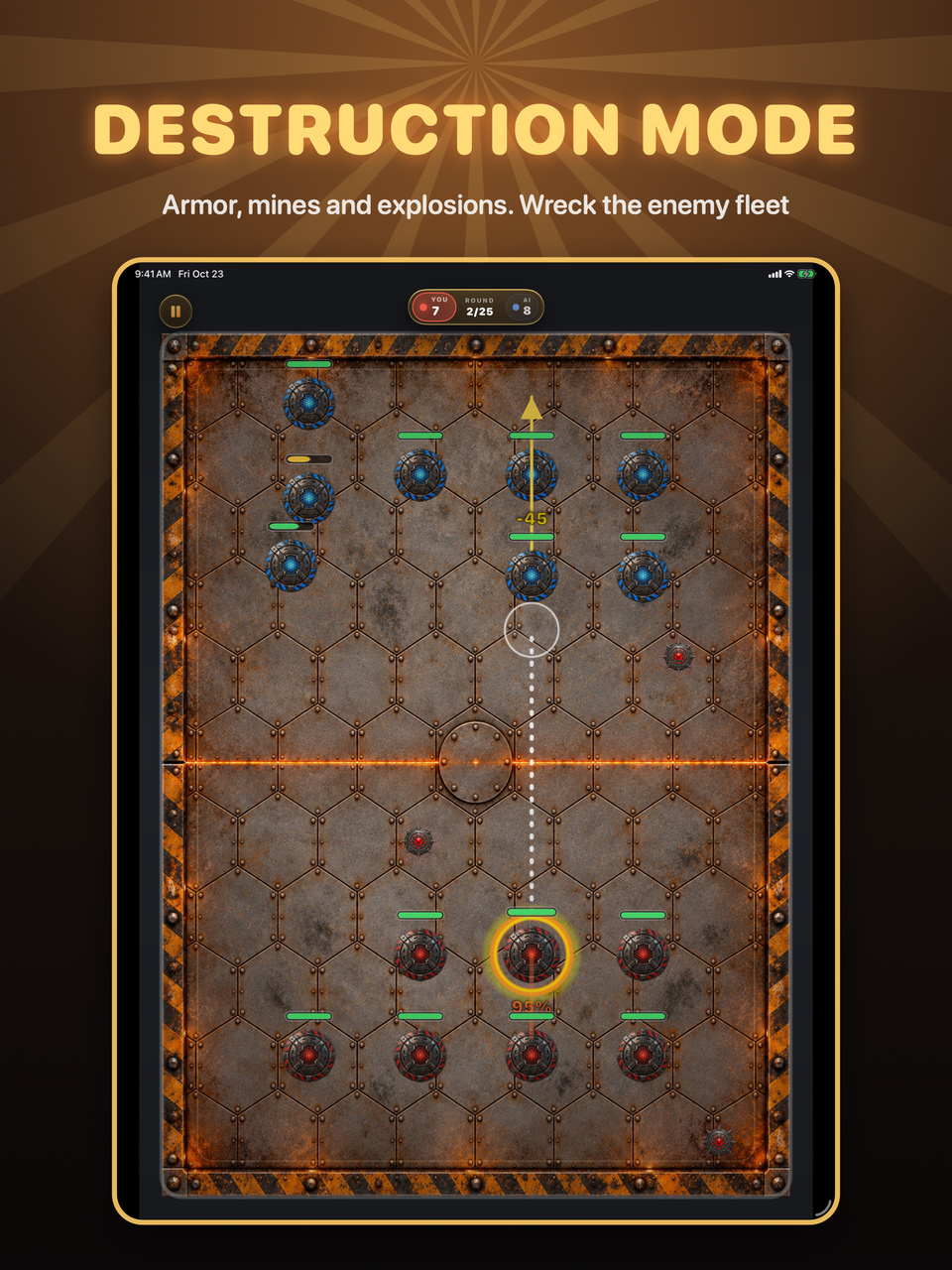 iPad: Destruction arena with armored pieces, health bars and an aim guide