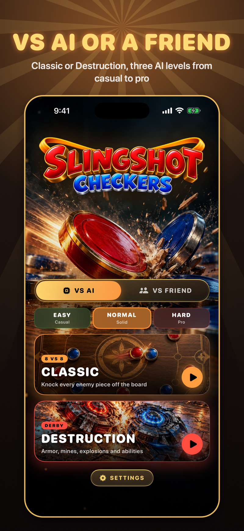 Main menu with the Slingshot Checkers logo, VS AI and VS Friend, the Easy, Normal and Hard levels, and the Classic and Destruction modes
