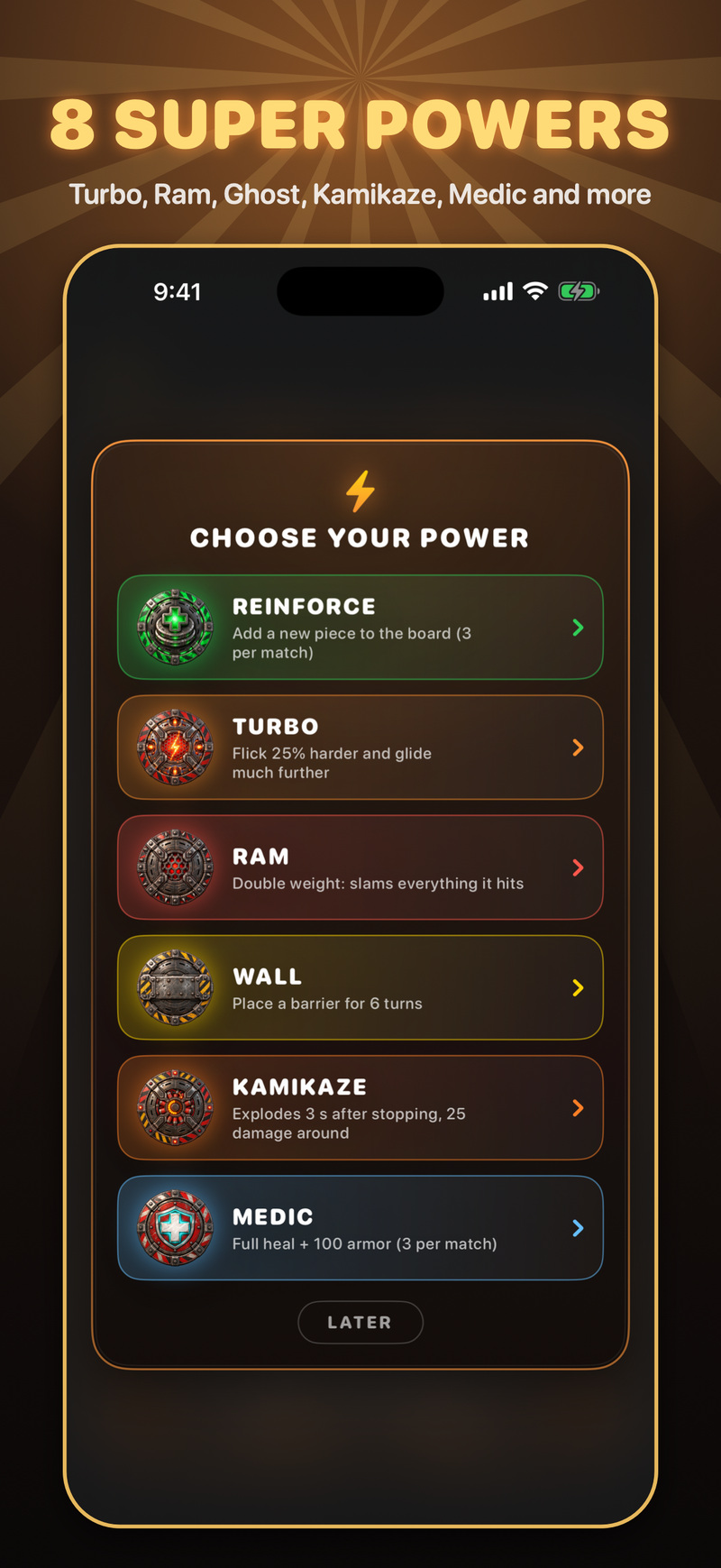 Choose your power card with Reinforce, Turbo, Ram, Wall, Kamikaze and Medic
