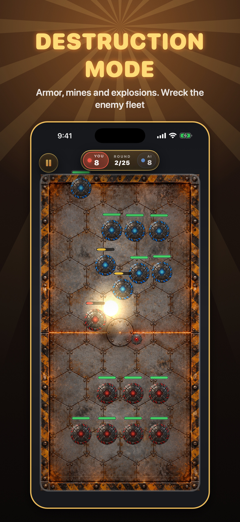 Destruction arena: steel hex plates, armored pieces with health bars and an aim guide