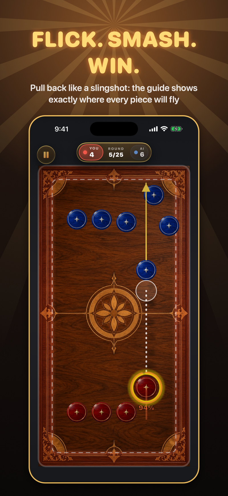 Classic walnut board with the aim guide: the shot path, the point of impact and where the target flies