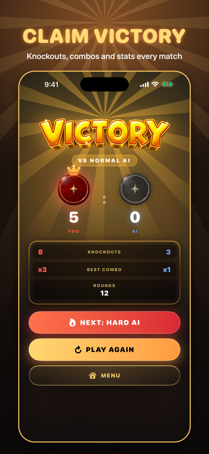Victory screen: 5 to 0 against the Normal AI, with knockouts, best combo and rounds