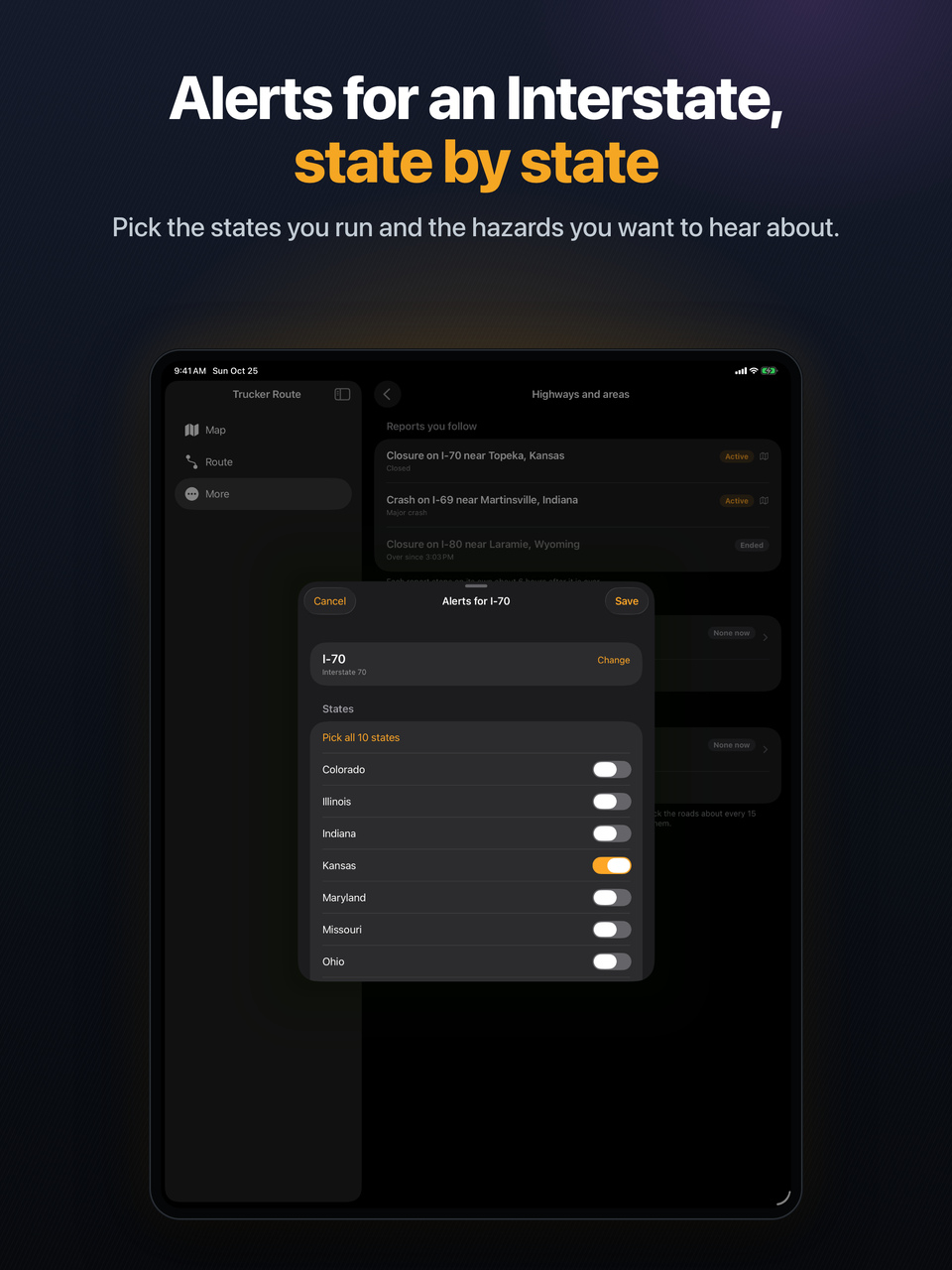 iPad: Alerts for I-70 with a switch for each of the 10 states it crosses