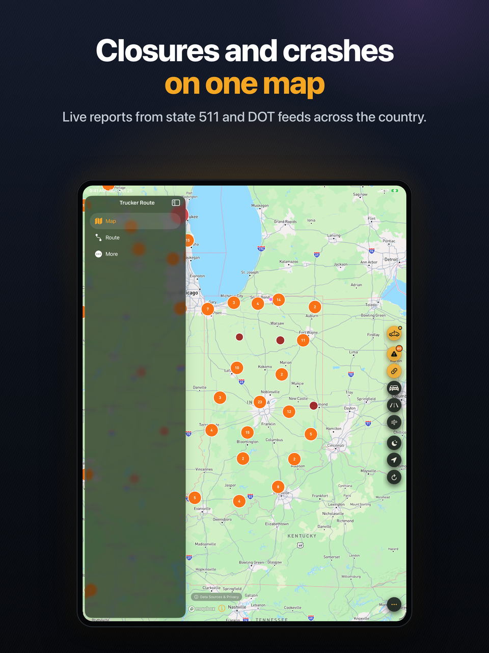 iPad: Map of Illinois and Indiana with clusters of road reports
