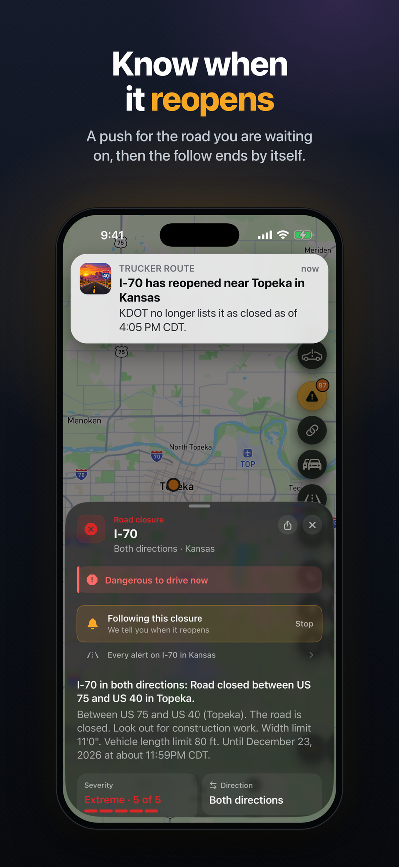 Push notification over the map: I-70 has reopened near Topeka in Kansas