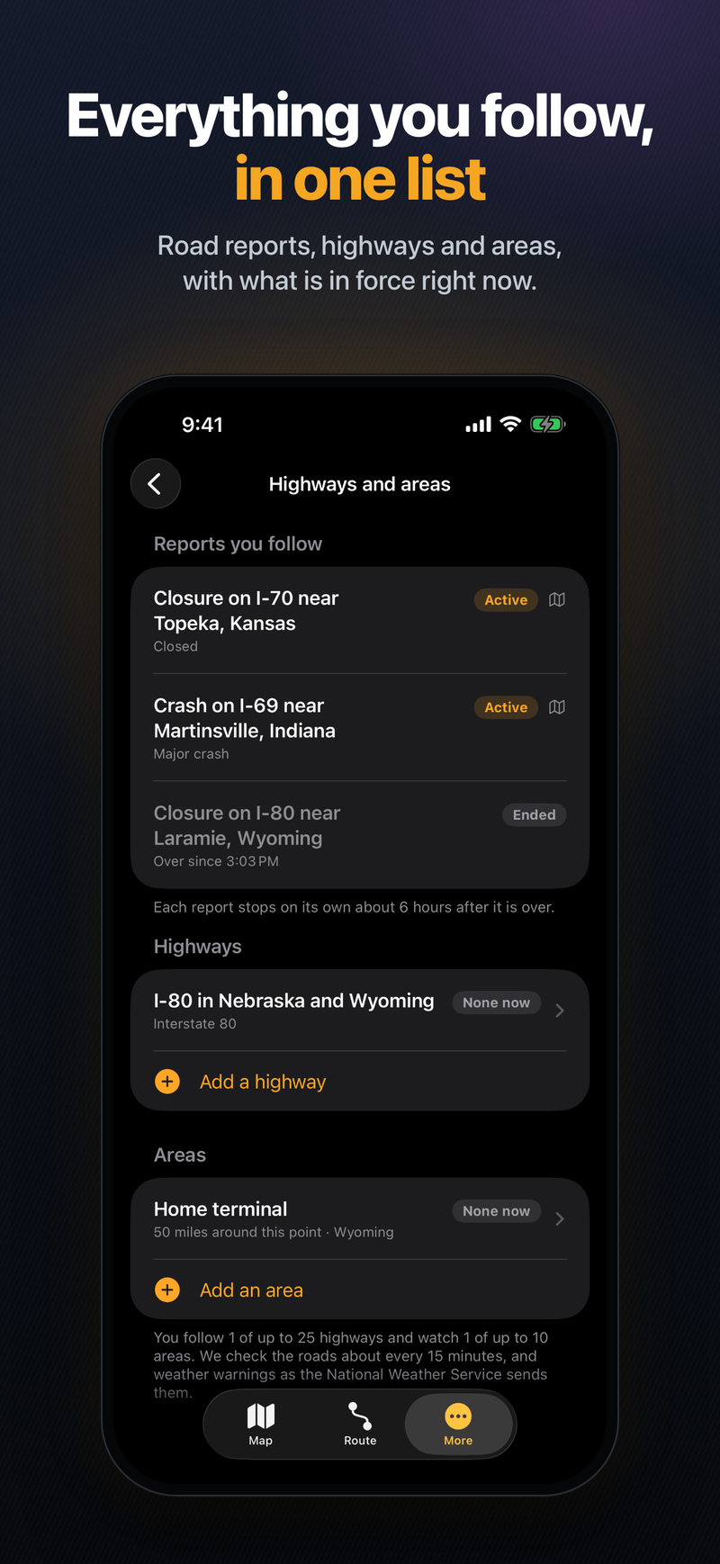 Highways and areas list with followed closures on I-70 and I-69, I-80 in Nebraska and Wyoming, and a Home terminal area