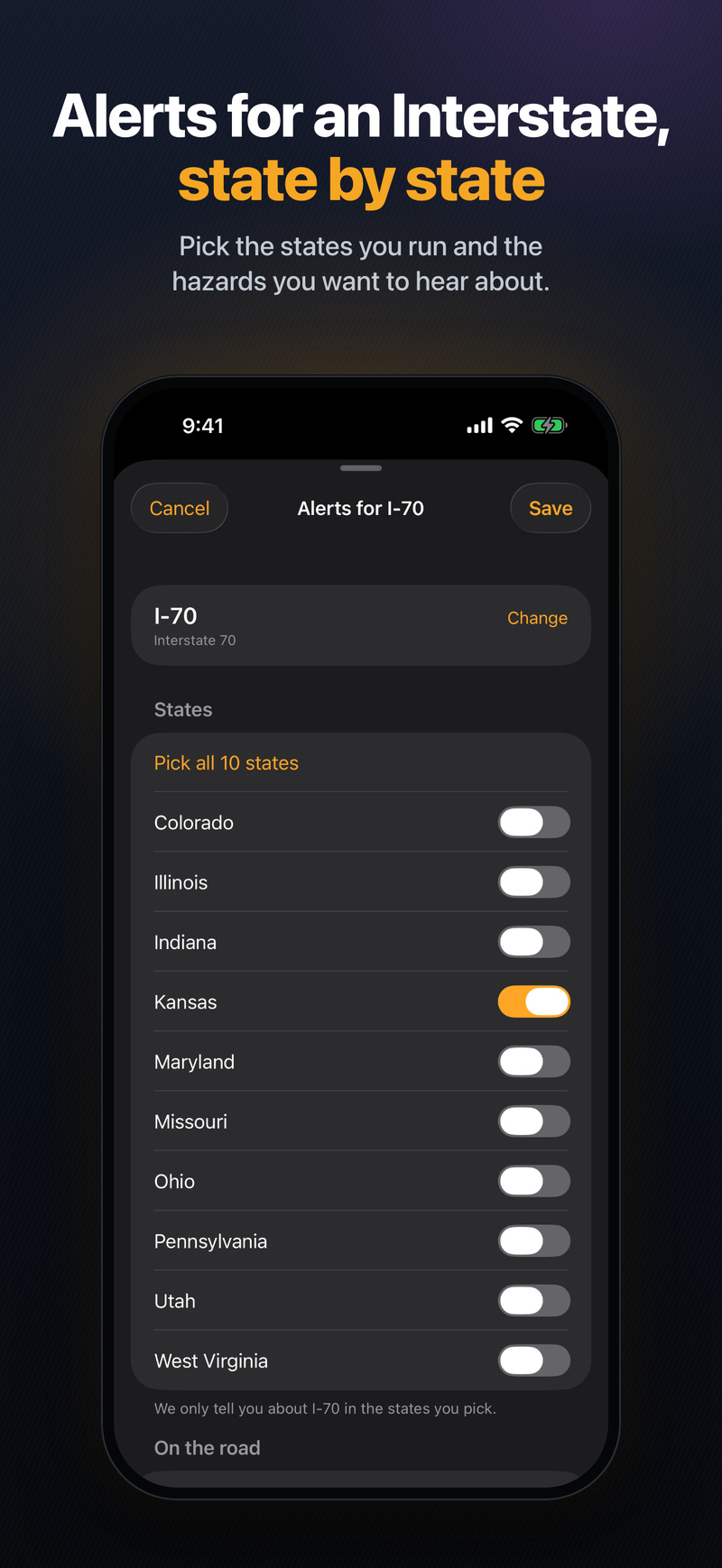Alerts for I-70 with a switch for each of the 10 states it crosses