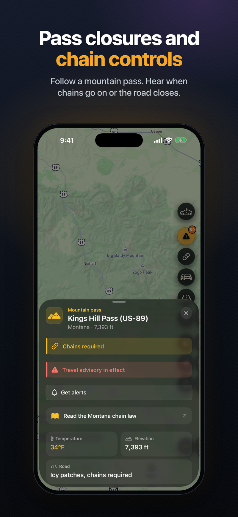 Kings Hill Pass on US-89 in Montana: chains required, travel advisory in effect, 34°F and icy patches
