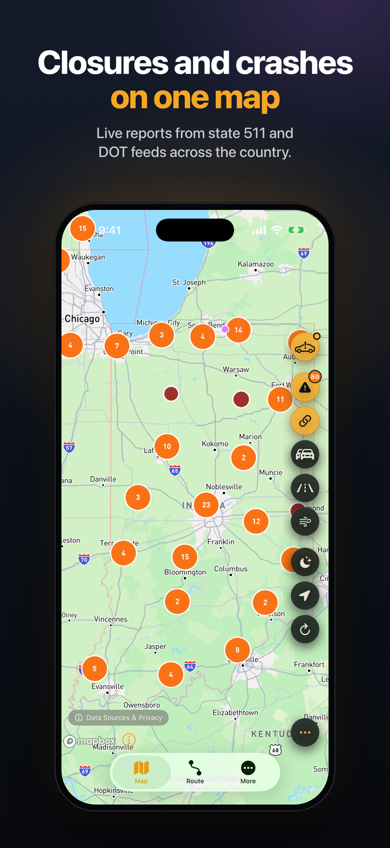 Map of Illinois and Indiana with clusters of road reports