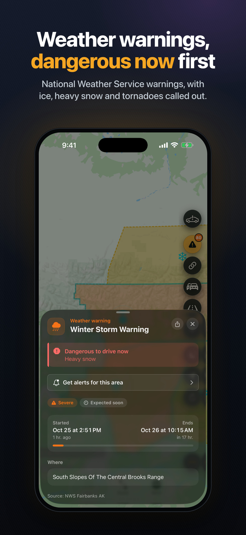 Winter Storm Warning marked dangerous to drive now, over the warning area on the map