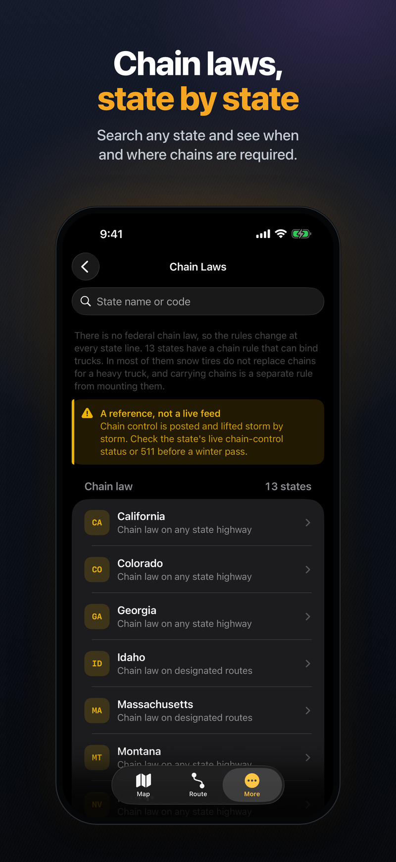 Chain Laws list of 13 states, from California to Montana